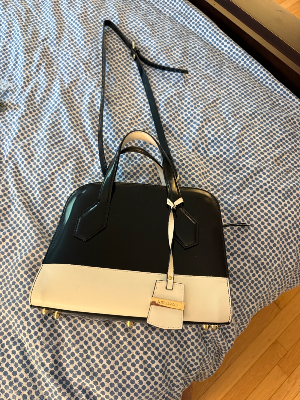Two-Tone Black and Cream Dome Satchel with Detachable Strap